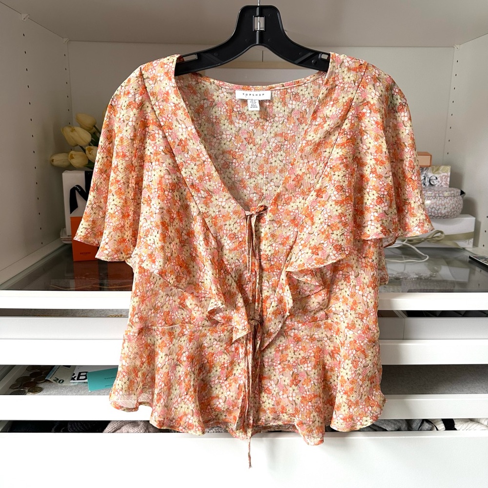 Topshop Vintage Tie Front Floral Top with Flutter Sleeves